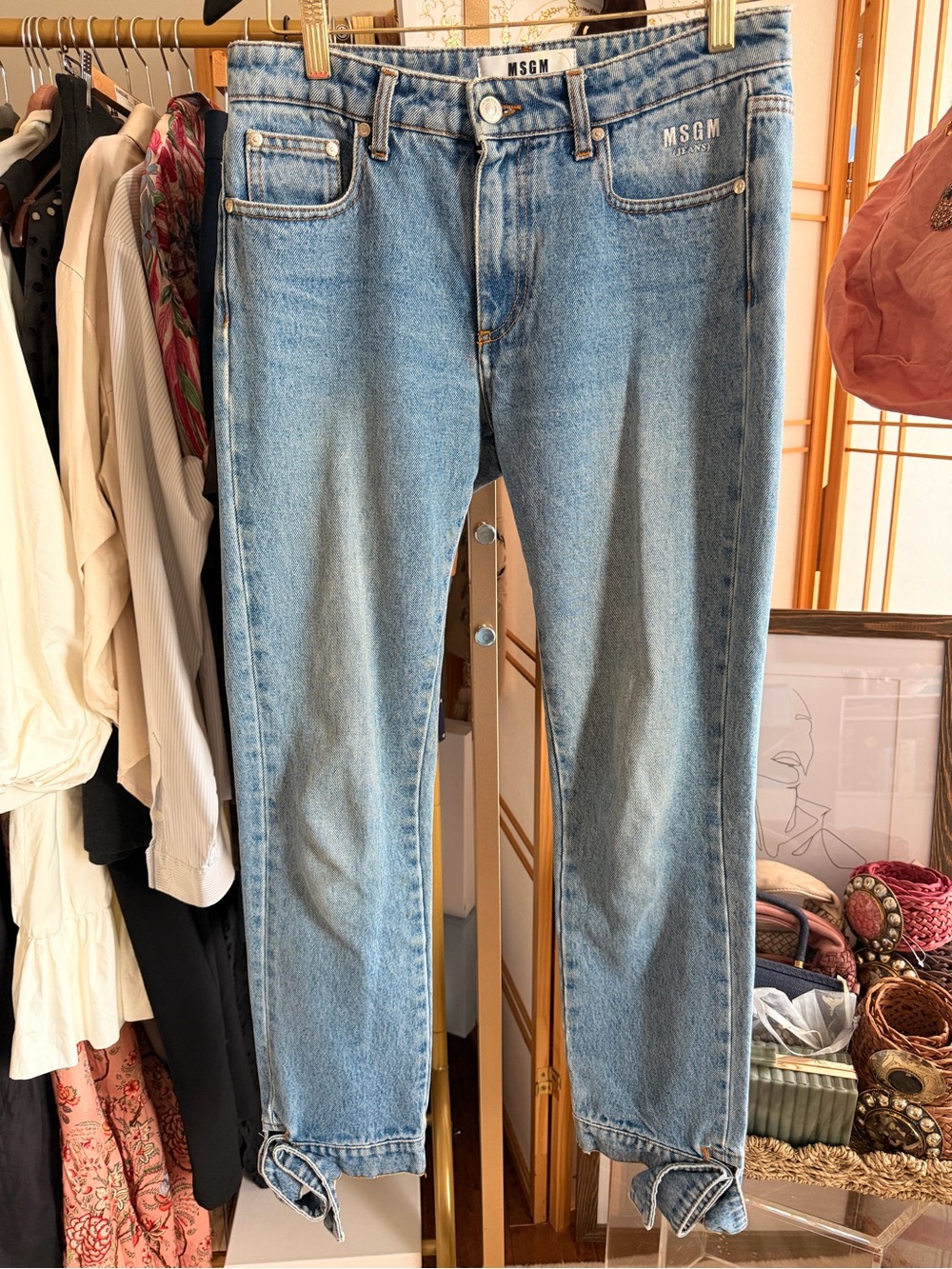 MSGM Jeans Women’s IT 40 US 4 Light Wash Straight Leg Ankle Tie Hem Denim